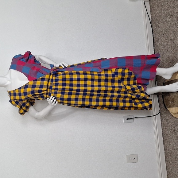 Urban Outfitters Retro Bohemian Anna Linen Blend Mixed Plaid Midi Wrap Dress S - Picture 2 of 12